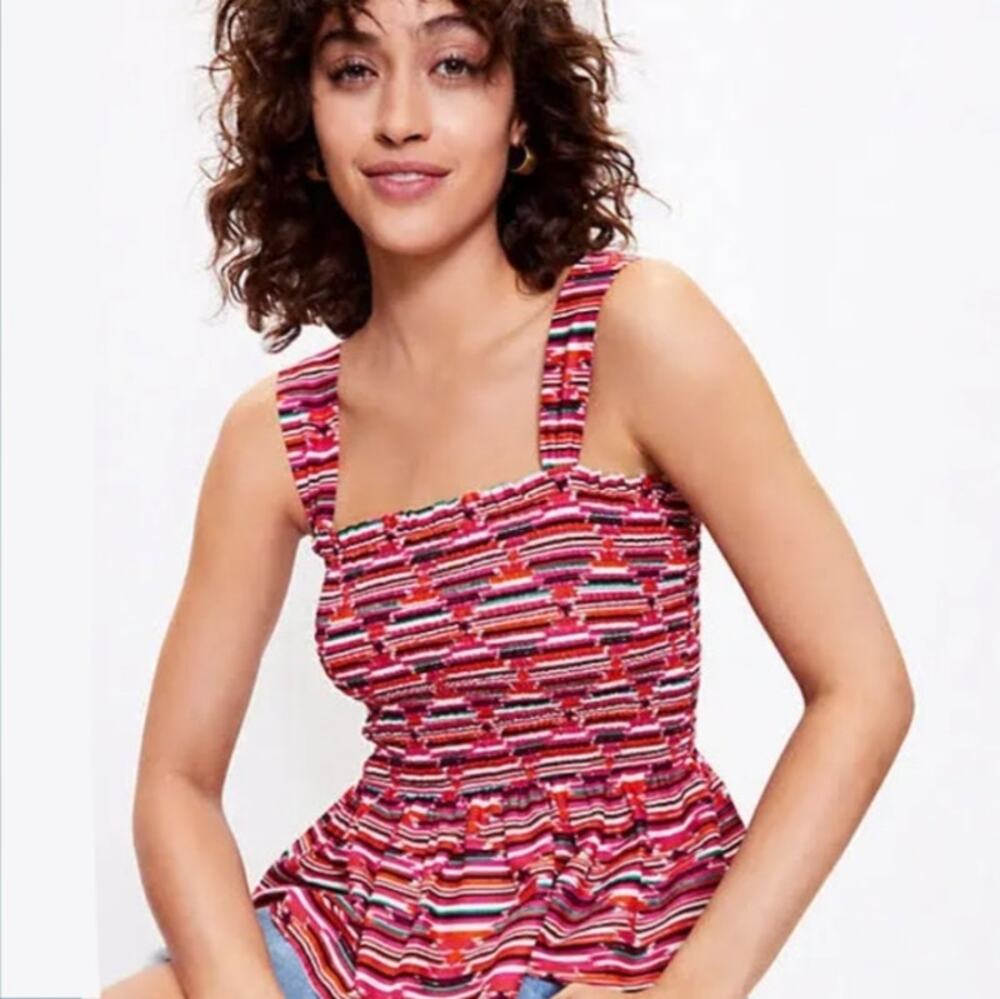 LOFT Women Red Smocked Ruffle Tank Top LP Boho Preppy Hippie Peasant Country NEW